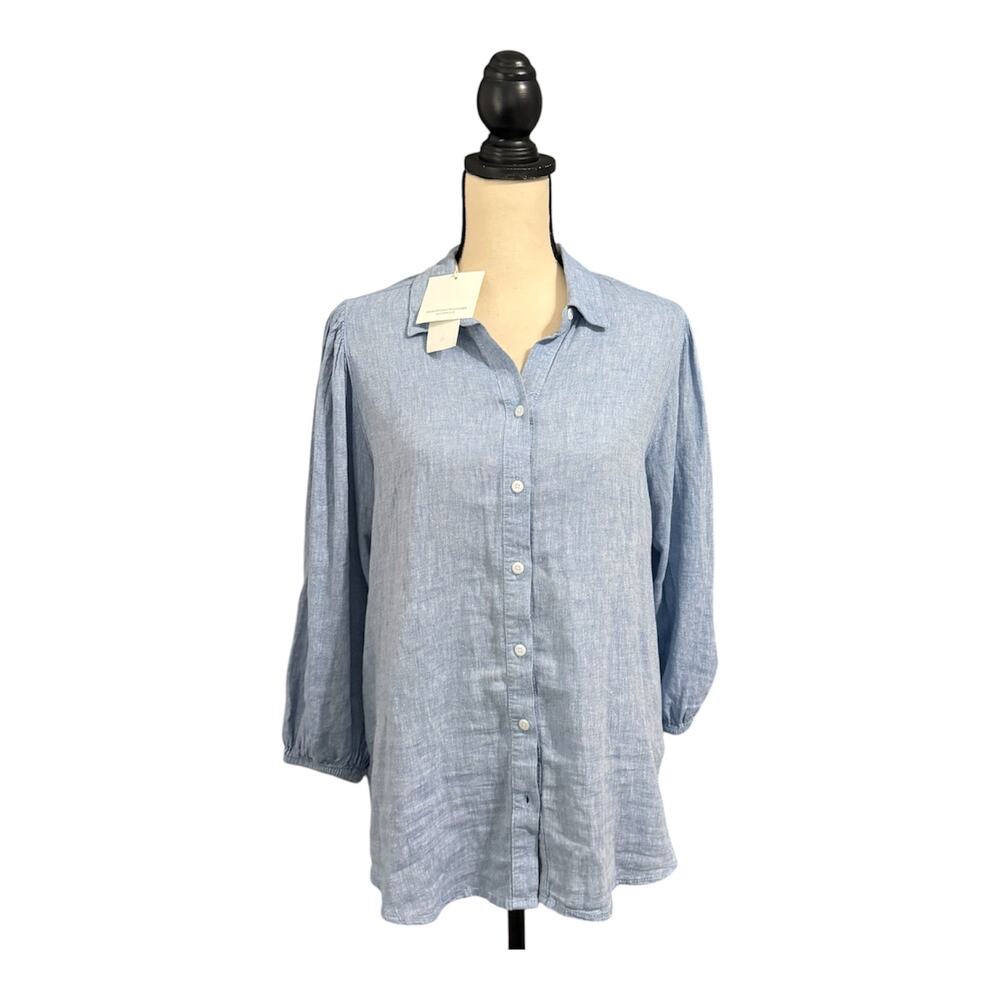 Beach Lunch Lounge NEW Blue Chambray Linen Cotton Blend Blouse Sz M Casual FLAW